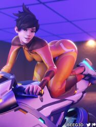 3d ass beeg3d bike bodysuit brown_hair clothed clothing female female_only footwear human jumpsuit leggings light-skinned_female motorcycle overwatch overwatch_2 pale_skin skin_tight skinsuit smile smiling smiling_at_viewer solo solo_female tracer vehicle