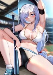 1girls armpits arms_up baseball_bat baseball_cap baseball_uniform blue_eyes booty_shorts breasts female genshin_impact hair_over_one_eye hat huge_breasts light-skinned_female light_skin long_hair outdoors shenhe_(genshin_impact) short_shorts shorts sportswear squchan stadium thick_thighs white_hair