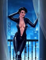 1girls antiheroine batman_(series) big_breasts black_hair catsuit catwoman cleavage curvy curvy_female dc dc_comics female female_only krysdecker latex light-skinned_female open_bodysuit selina_kyle short_hair solo straight_hair tight_clothing wide_hips