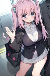 1boy 1girls ai_generated blue_eyes blush bocchi_the_rock! breasts chikan clothing fully_clothed gotou_hitori groping_from_behind hand_up head_out_of_frame hi_res large_breasts looking_at_viewer nai_diffusion open_mouth pigtails pink_hair public_transportation school_uniform schoolgirl skirt stable_diffusion standing stealth_ass_grab sweatdrop train twintails waving