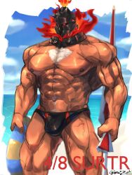 1boy balls bara bulge chest_hair helmet male male_only muscles muscular oyatu55k penis solo solo_male speedo surtr_(tokyo_afterschool_summoners) swimwear tokyo_afterschool_summoners