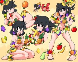 1girls anklewear bangs bikini black_hair black_nails censored crab female fruit fruit_bikini human light-skinned_female lucia_(scott_malin) medium_breasts multiple_poses original original_character painted_nails pale_skin scott_malin short_hair wristwear