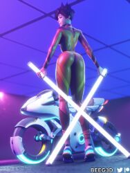 3d ass beeg3d bike bodysuit brown_hair butt clothed clothing female female_only footwear human jumpsuit leggings light-skinned_female motorcycle overwatch pale_skin skin_tight skinsuit smile smiling smiling_at_viewer solo solo_female tracer vehicle