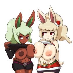 2girls agent_spect-hare anthro areolae big_breasts breast_squish breasts bunny_ears bunny_girl bunny_mint bunny_tail female iggy-bomb level-5 mint_hair multiple_girls nipples ponytail purple_eyes red_eyes santa_hat shorts snow_rabi snow_spect-hare white_hair yo-kai_watch yo-kai_watch_3 youkai youkai_watch yōkai