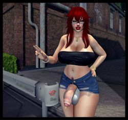 1futa 3d big_breasts big_penis clothing flaccid futa_only futanari futarika glasses light-skinned_futanari mole mostly_clothed mostly_nude penis public public_exposure red_hair short_shorts shorts solo standing