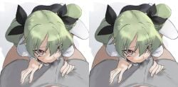 fellatio green_hair parallel_stereogram red_eyes skirt stereogram underwear white_legwear