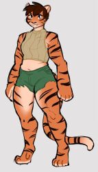 anthro breasts brown_hair clothed clothing dark_eyes fang_out feline female furry one_fang saintsucrose short_hair shorts solo standing stripes tagme tiger torn_shorts