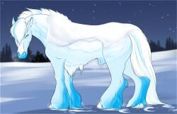 2023 animal_genitalia blue_eyes digital_media_(artwork) draft_horse equid equine feathering feral fluffymare fur genitals hair hi_res hooves horse looking_at_viewer male mammal multicolored_body multicolored_hair night plant sheath simple_background sky snow solo star starry_sky tree two_tone_body two_tone_hair two_tone_tail vetrhestr_(wasen)