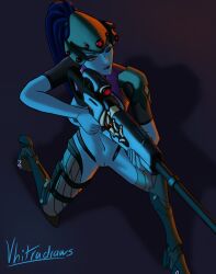 1girls blizzard_entertainment blue_hair breasts breasts_out casual casual_exposure casual_nudity holding nude nude_female overwatch overwatch_2 ponytail purple_skin sniper tactical_nudity vhitradraws weapon widowmaker