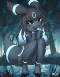 anthro anthrofied blush eeveelution eyelashes female furry hair looking_at_viewer nude open_mouth pokémon_(species) pokemon pussy rilex_lenov shiny_pokemon solo umbreon yellow_sclera