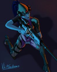 1girls blizzard_entertainment blue_hair breasts breasts_out casual casual_exposure casual_nudity holding overwatch overwatch_2 ponytail purple_skin sniper tactical_nudity torn_clothes vhitradraws weapon widowmaker