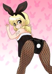 against_wall animal_ears ass blonde_hair blush breasts chinese_zodiac dard_drak fake_animal_ears fake_tail female fishnet_pantyhose fishnets from_behind hidamari_sketch long_hair looking_at_viewer looking_back miyako_(hidamari_sketch) new_year pantyhose pink_background rabbit_ears rabbit_tail see-through smile solo tail year_of_the_rabbit