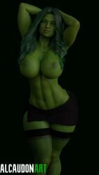 1girls 3d 3d_(artwork) alcaudonart arms_behind_head artist_name big_breasts breasts curly_hair female female_only green-skinned_female green_body green_hair green_skin hi_res huge_breasts hulk_(series) large_breasts long_hair marvel marvel_comics miniskirt muscular muscular_female necklace nipples she-hulk skirt solo solo_female stockings thick_thighs thighs toned_stomach topless