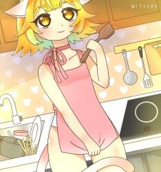 aged_down akatsuki_banmai apron blonde blonde_hair cooking cow_ears fanart fanart_from_twitter female female_focus female_only grabbing_own_tail grabbing_tail grissey heart nijigen nijigen_project pink_apron sfw tail virtual_youtuber vtuber yellow_eyes yellow_hair