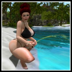 1futa 3d beach bottomless breasts clothed clothing futa_only futanari futarika human light-skinned_futanari light_skin lowres mostly_nude peeing penis red_hair solo squatting swimsuit urine water