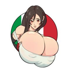 brown_hair bursting_breasts cleavage cleavage_overflow elbow_gloves final_fantasy final_fantasy_vii frozenaardvark huge_breasts italian_flag italian_senate_hack long_hair massive_breasts meme red_eyes sticker stretched_clothing tank_top the_varking tifa_lockhart tight_clothing