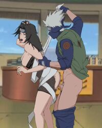 1boy1girl arm_grab bandages breasts breasts_out clothed_sex fishnets hatake_kakashi headband hokage_office indoors kunoichi kurenai_yuhi long_hair makeup male/female mask masked_male moaning naruto naruto_(series) naruto_shippuden ninja no_bra no_panties open_clothes open_mouth pants partially_clothed penetration penis red_eyes ripped_bodysuit ripped_clothing sideboob silver_hair smutwarg spiky_hair standing standing_sex straight uncensored undressing undressing_partner vest yuuhi_kurenai