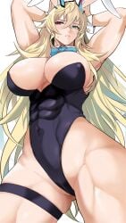 1girls abs animal_ears armpits arms_behind_head arms_up bangs bare_shoulders barghest_(gawain)_(fate) biceps black_leotard blonde_hair bow bowtie breasts bunny_pose cleavage covered_navel detached_collar fake_animal_ears fate/grand_order fate_(series) female green_eyes heterochromia highleg highleg_leotard highres horns kawa_batayoshi large_breasts leotard light-skinned_female light_skin long_hair looking_at_viewer muscular_female muscular_thighs playboy_bunny rabbit_ears red_eyes solo thick_thighs thigh_strap thighs white_background wrist_cuffs