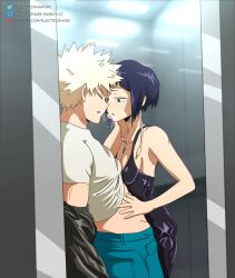 1boy 1girls abs blonde_hair blush breasts cleavage dress dress_lift electricshark elevator female katsuki_bakugou kyoka_jiro leather leather_clothing leather_dress male my_hero_academia no_bra no_panties open_mouth purple_hair tagme