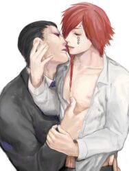 2boys black_hair braid business_suit facial_tattoo hand_on_another's_face hand_on_chest intimate kanoh_agito katahara_retsudo kengan_(series) kengan_ashura looking_at_another male male_only open_shirt painting_(artwork) red_hair single_braid suit tattoo upper_body yaoi yen_(pixiv)