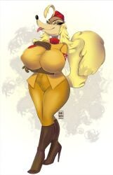 anthro ass ass big_breasts breasts canid canine canine canine_humanoid canis clothing cuphead_(game) female furry large_breasts pilot_saluki_(cuphead) rin_tyan thick thick_thighs thighs tight_clothing uniform