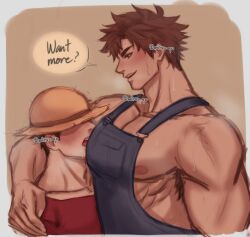 alex_(stardew_valley) arm_around_partner bara bara_tiddies bara_tits big_pecs blush blushing brown_hair crossover farmer farmer_(stardew_valley) hat_over_eyes male male/male male_nipple_licking male_nipple_sucking male_nipples male_only mitsu_qo muscular muscular_male one_piece overalls pecs stardew_valley steamy_breath straw_hat sweat sweating twitter_username