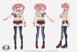 alternate_version_available azur_lane belly_button_piercing bracelets bremerton_(azur_lane) character_sheet clothed clothed_female collar daisy_dukes high_heels manjuu_(company) pink_eyes pink_hair thighhighs twintails yostar