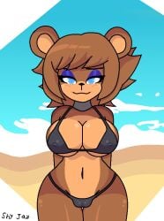 animatronic beach bikini bikini_bottom bikini_top blue_eyes cally3d clazzey cryptiacurves eyeshadow fazclaire's_nightclub five_nights_at_freddy's fnaf freckles freddy_(fnaf) fredina's_nightclub fredina_(cally3d) frenni_(cryptia) frenni_fazclaire robot robot_girl scottgames shy_jaz smile