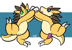 duo female feral generation_1_pokemon genitals hand_holding hi_res male male/female mammal nintendo on_one_leg open_mouth penis pokémon_(species) pokemon pokemon_(species) pussy raised_leg sandslash standing trout_(artist)