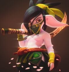 3d_(artwork) absurd_res akali anthro black_hair breasts clothed clothing costume digital_media_(artwork) female hair hi_res league_of_legends ninja nipples purple_body riot_games solo teemoty warrior weapon yordle yordlefied