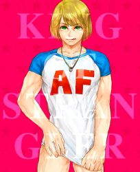 bishonen blonde_hair bob_cut bottomless covering_crotch covering_self english_text green_eyes imai_cosmo kengan_(series) kengan_ashura licking_lips looking_at_viewer male male_only necklace osatoumizu pink_background shirt_pull solo t-shirt text toned toned_male tongue_out twunk