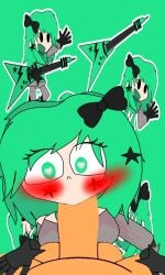 1boy 1girls artist_request black_gloves blowjob blush blushing_at_viewer bowtie clothed_female_nude_male first_person_view five_nights_at_agk_studios five_nights_at_freddy's fnatas green_eyes green_hair guitar heart-shaped_pupils looking_at_viewer male_pov medium_breasts neila neila_(five_nights_at_agk_studios) poster pov pov_eye_contact star_sticker sticker sticker_on_face straight tagme