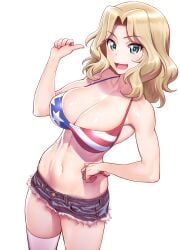 american_flag american_flag_bikini bikini blonde_hair blue_eyes blush breasts cleavage collarbone female flag_print girls_und_panzer hand_on_hip highres kay_(girls_und_panzer) large_breasts looking_at_viewer medium_hair minazuki_juuzou open_mouth pointing pointing_at_self short_sleeves simple_background solo swimsuit thighhighs white_background