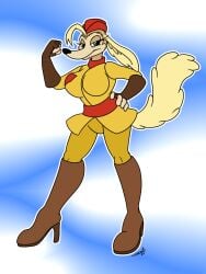 anthro big_breasts breasts canid canine canine_humanoid canis cherri clothing cuphead_(game) female furry pilot_saluki_(cuphead) thighs tight_clothing uniform