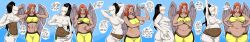 2girls assthethick ava_ayala belly belly_bulge comic dark-skinned_female dark_skin dc dc_comics dcau dialogue female female_only green_eyes groping_ass groping_breasts groping_self hawkgirl ill-fitting_clothes long_ponytail marvel overweight overweight_female ponytail red_hair sequence speech_bubble ultimate_spider-man weight_gain white_tiger_(marvel) wings yellow_eyes