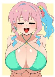 1girls blue_hair closed_eyes earrings female female_only flowers_in_hair hozuki_kaede huge_breasts light-skinned_female light_skin onii-chan_wa_oshimai! pink_eyes pink_hair swimsuit the_only_shoe tongue tongue_out two_tone_hair