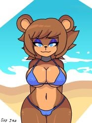 2d 2d_(artwork) animatronic big_ass big_breasts bikini bikini_bottom bikini_top blue_bikini blue_eyes brown_fur cally3d clazzey cryptiacurves curvaceous curvy eyeshadow fazclaire's_nightclub five_nights_at_freddy's fnaf freckles freddy_(fnaf) fredina's_nightclub fredina_(cally3d) frenni_(cryptia) frenni_fazclaire furry large_ass large_breasts robot robot_girl scottgames shy_jaz smile standing thick_thighs thighs wide_hips