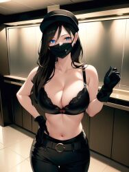 1girls ai_generated ai_mirror artist_request belly_button belt black_bra black_gloves black_hair black_jeans blue_eyes cap character_request elevator face_mask hand_on_hip hand_up long_hair looking_at_viewer medium_breasts security_guard white_skin