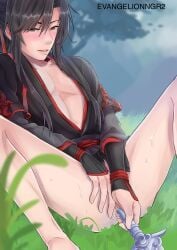 anal_object_insertion bichen bishonen black_hanfu blush bottomless bottomless_male evangelionngr2 gay hands_over_penis hanfu long_hair_male male_only masturbation mo_dao_zu_shi solo stolen_art wei_wuxian yaoi