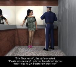 3d 3rd-art big_breasts bimbo bimbofication brown_hair comic dr_bubenstein elevator english_text glasses kelly_(3rd-art) tight_clothing tight_dress zipper zipper_down