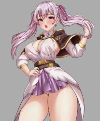 absurdres bangs big_breasts black_bulls_uniform black_clover blush breasts cetta_(cettadvd) cleavage cloak curvy earrings female grey_hair hand_on_hip highres hourglass_figure jewelry large_breasts long_hair looking_at_viewer miniskirt nail_polish no_bra noelle_silva open_mouth panties purple_eyes simple_background skirt solo thick_thighs thighs twintails underwear voluptuous white_panties