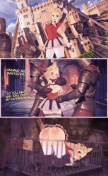 3koma after_sex angry ankle_cuffs ass ass bad_end big_ass blonde_hair blush boots bravely_default breast_grab breast_squeeze cage chains collar cum cum_on_ass defeated defeated_heroine edea_lee embarrassed female_focus fight knight prison red_clothing restrained rope rope_bondage skirt skirt_up slave_collar spank_marks spanking sword text tied_up witchanon wrist_cuffs