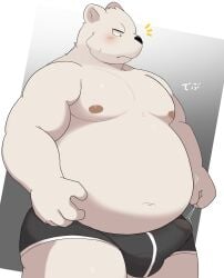 2023 ai_only_dream anthro bear belly big_belly black_nose blush bulge clothed clothing erection erection_under_clothing genital_outline hi_res humanoid_hands kemono male mammal moobs nipples overweight overweight_male penis_outline polar_bear solo underwear ursine