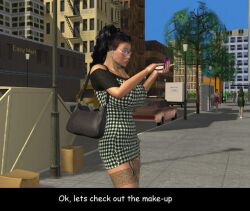 3d 3rd-art big_breasts bimbo bimbofication brown_hair comic dr_bubenstein elevator english_text glasses kelly_(3rd-art) tight_clothing tight_dress zipper zipper_down