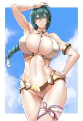 1girls abs absurdres alternate_costume anagumasan arm_up armpits bangs bare_shoulders bikini blue_sky bracelet braid breasts circlet cleavage closed_mouth cloud cloudy_sky collarbone curvy day female female female_only fingernails fire_emblem fire_emblem_heroes gold_trim green_hair hair_ornament halterneck hand_on_hip highleg highleg_bikini highres huge_breasts jewelry large_breasts lips long_hair looking_at_viewer navel nintendo official_alternate_costume outdoors shiny shiny_hair simple_background single_braid sky solo stomach swimsuit thigh_strap thighs thorr_(fire_emblem) thorr_(summer)_(fire_emblem) white_bikini white_swimsuit yellow_eyes