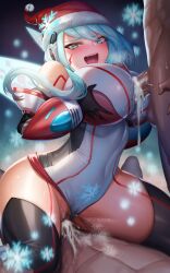 1girls 2boys android big_breasts blue_eyes blue_hair breast_grab christmas christmas_ico_(x_dive) cowgirl_position cum cum_in_pussy cum_inside female_on_top happy_sex heart-shaped_pupils hoqn1108 human ico_(mega_man) mega_man mega_man_x_dive paizuri robot robot_girl sex snow tagme vaginal_penetration