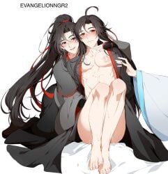 3boys bishonen black_hanfu canon_couple clothed_sex clothing duplicated_character gay gay_domination gay_sex gentle_maledom hanfu lan_wangji male_only maledom malesub mo_dao_zu_shi nude_male nyamuse open_hanfu playful precum smile soft_domination wei_wuxian yaoi