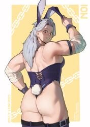 1girls ass aurahack bandage bandaged_arm bare_shoulders big_ass breasts bunny_ears bunnysuit dorohedoro earrings facing_away flexing looking_at_viewer looking_back_at_viewer muscular_female noi_(dorohedoro) red_eyes sideboob smile thick_thighs twitter_username white_hair wide_hips