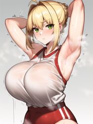 1girls ai_generated blonde_hair bloomers blush breasts fate/extra fate/grand_order fate_(series) female green_eyes gym_clothes huge_breasts light-skinned_female light_skin looking_at_viewer musk musk_clouds nero_claudius_(fate) nero_claudius_(olympian_bloomers) sleeveless sportswear steam steaming_body sweat sweaty_body tied_hair