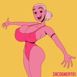 1girls alvise_zennaro's_animation_reel_2016 big_breasts enormous_breasts female female_focus female_only huge_breasts incogneato looking_at_viewer pink_body pink_hair pink_skin pink_swimsuit swimsuit thick_thighs voluptuous voluptuous_female yellow_background